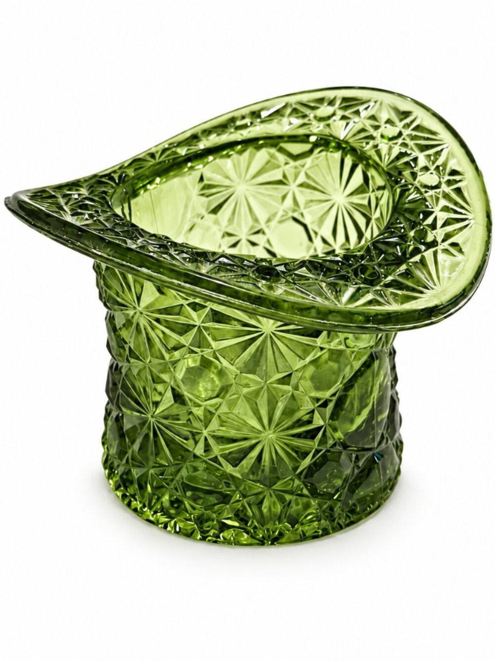 Vintage Fenton Avocado Green Glass Top Hat Vase Daisy & Button Pattern